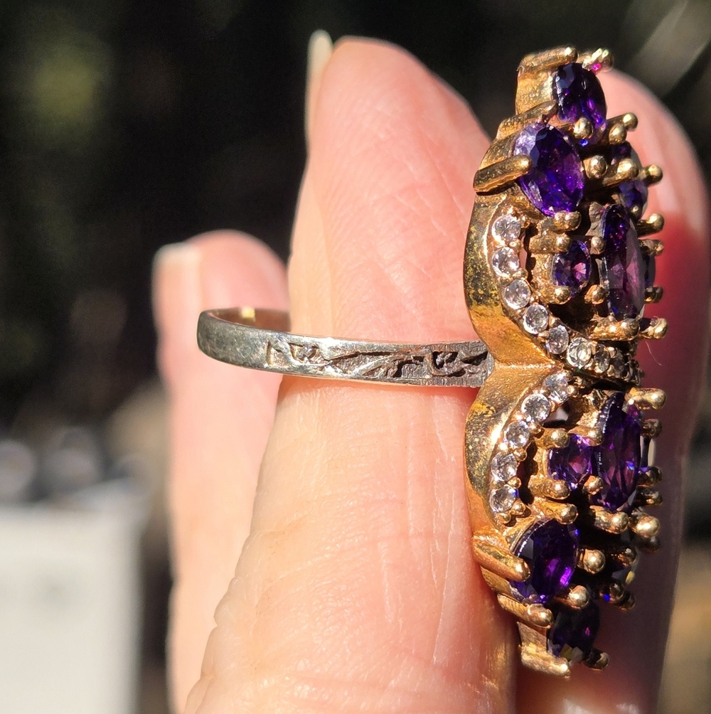 Amethyst & White sapphire Sterling & Gold cocktail ring 7.75 - Picture 6 of 9